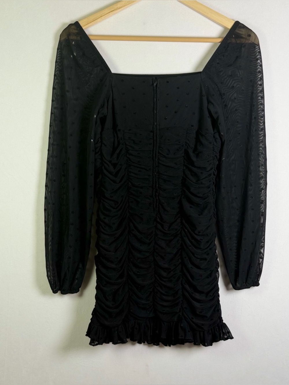Dear Moon Womens Black Ruched Mini Dress Sz 5 Swiss Dot Coquette Y2K Bodycon - Picture 9 of 11